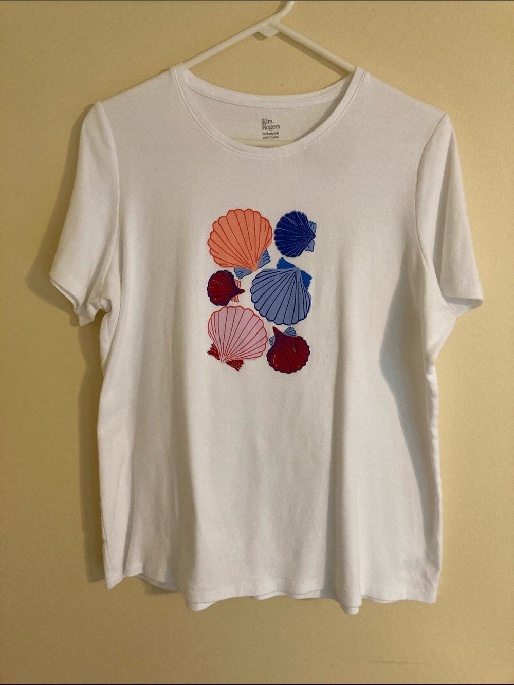 Kim Rogers White Short Sleeve Tee with Red and Blue Shells